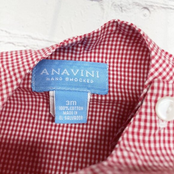 Anavini Smocked Reindeer Faces Shortall 3 mos Red Gingham Plaid - Picture 8 of 8